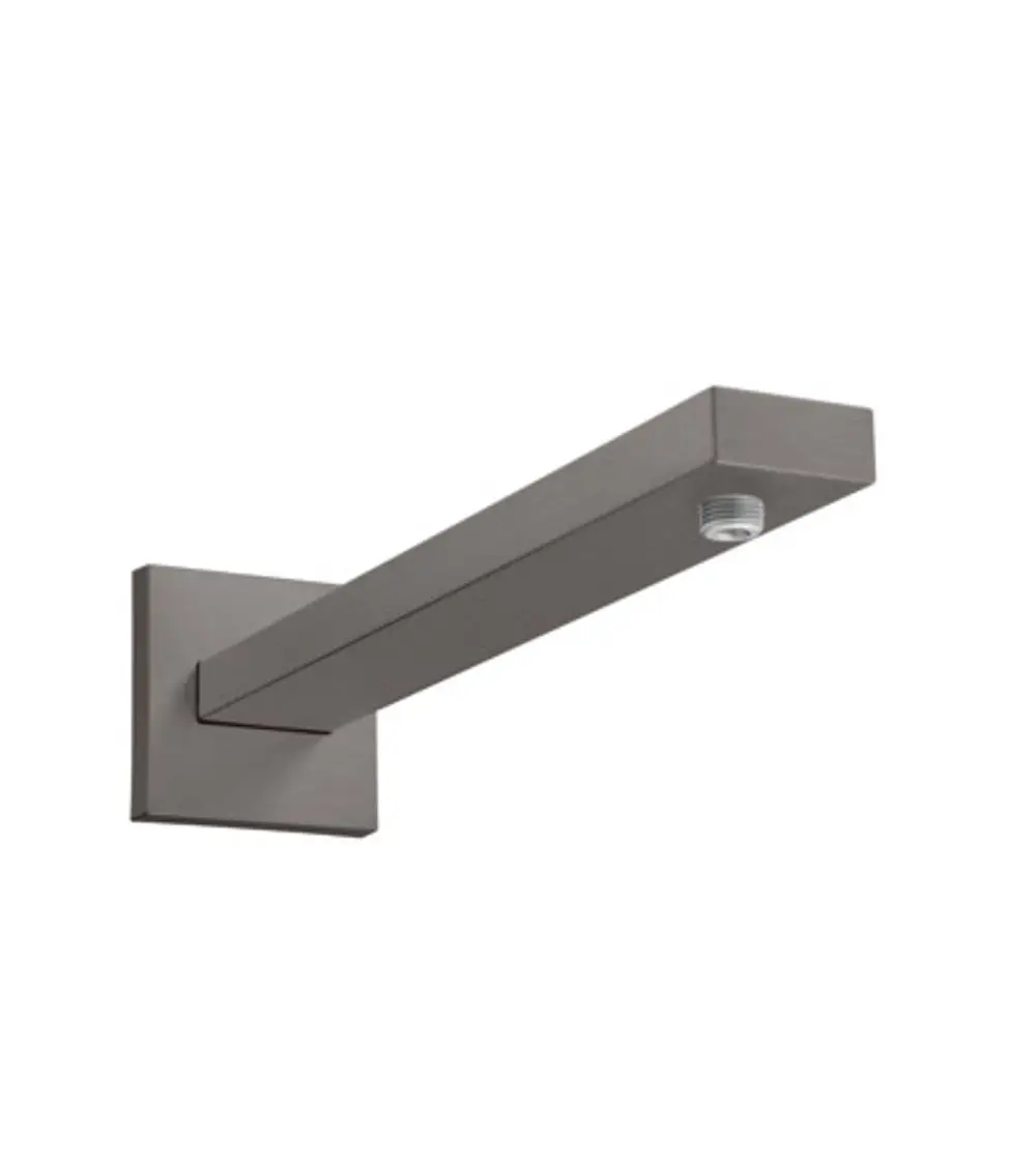 Hansgrohe Brausearm mit rechteckigem Schaft in mattschwarzer Ausführung, montiert an einer quadratischen Wandplatte.